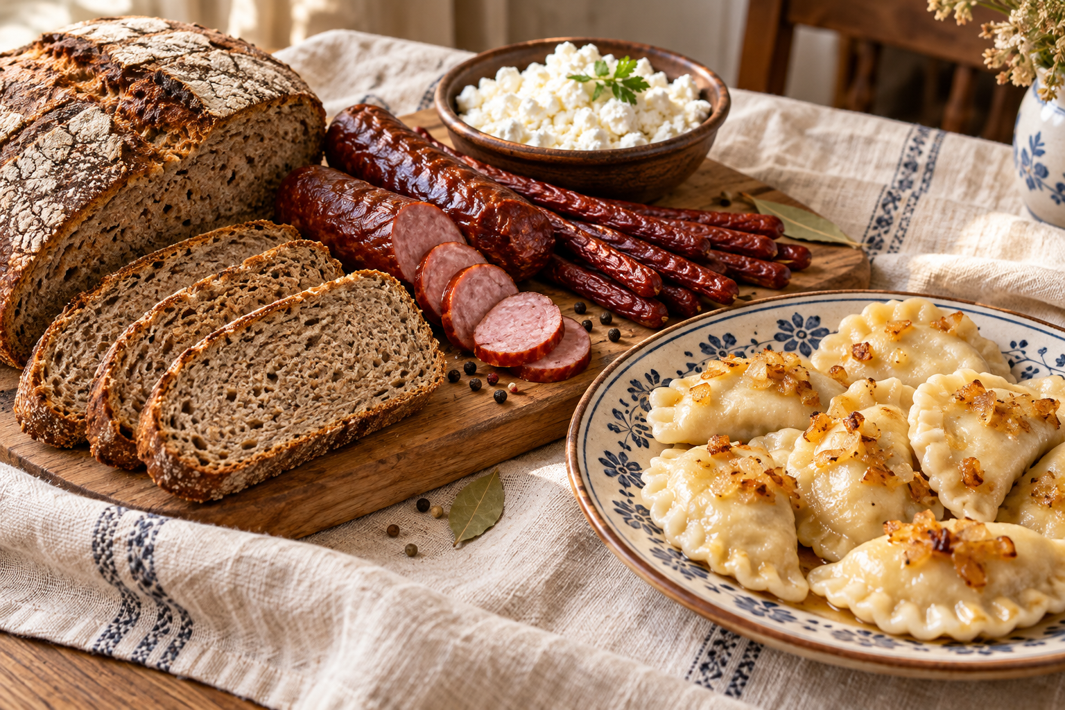 Polski chleb żytni, kiełbasa, twaróg i pierogi